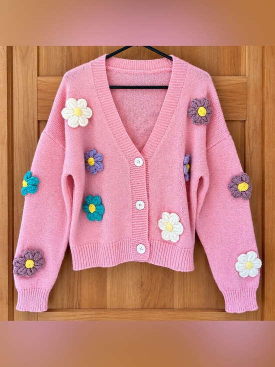 Handmade Sweaters - Handmade Pink Knit Flower Cardigan Sweater Cottagecore Y2K Coquette